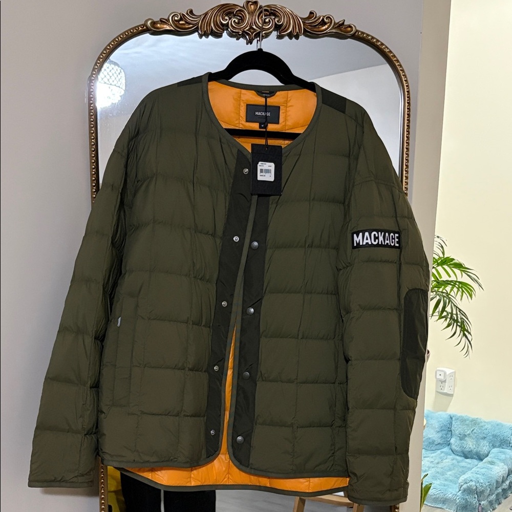 Mackage Men's Khaki Puffer Jacket with Orange Lining